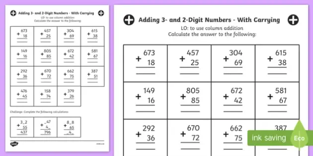 Adding two-digit, three-digit and multi-digit numbers in a column