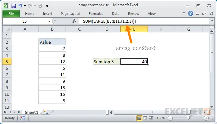 Arrays of constants in Excel