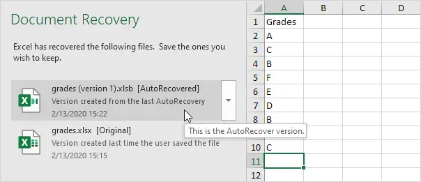 AutoRecovery in Excel