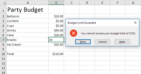 Budget limit in Excel