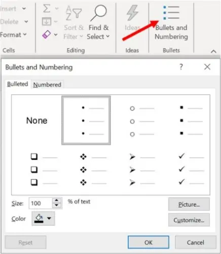 Bulleted and numbered list in Excel as in Word