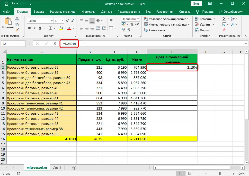 Calculate Percentage of Number and Share in Excel