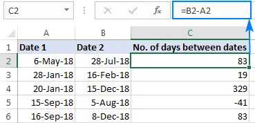 Calculate the number of days between dates in Excel