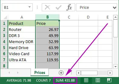 Calculate the sum of cells in Microsoft Excel