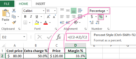 Calculation of markup and margin using Excel