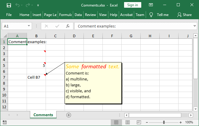 Комментарии к ячейкам в Excel