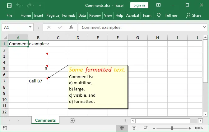 Cell comments in Excel