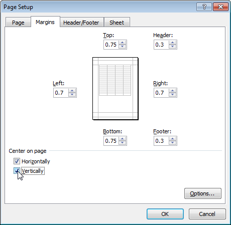 Center on page when printing in Excel