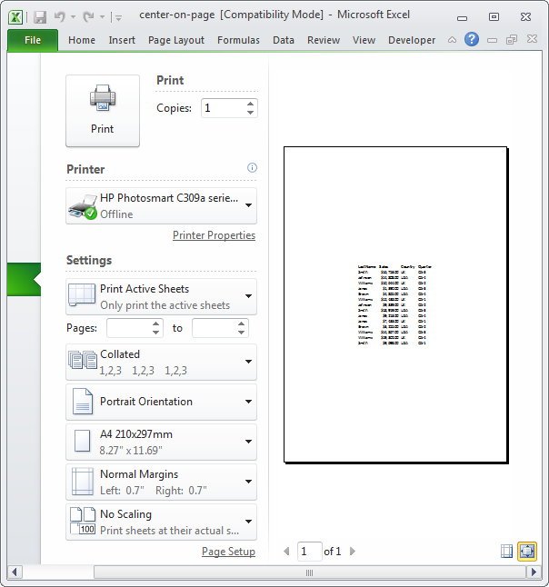 Center on page when printing in Excel