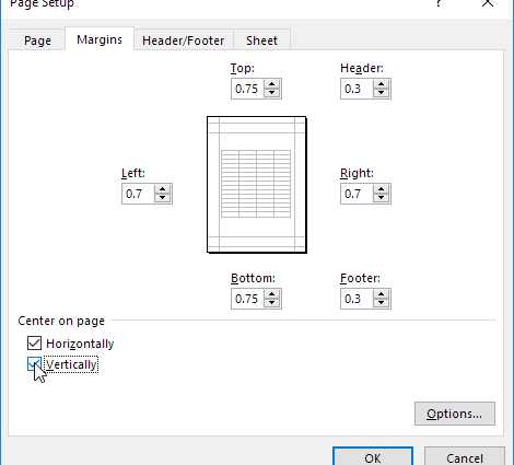 Center on page when printing in Excel