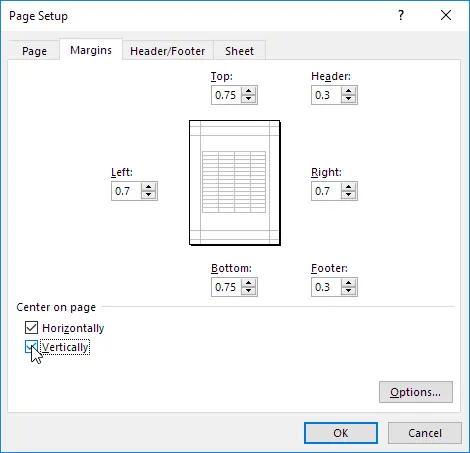 Center on page when printing in Excel