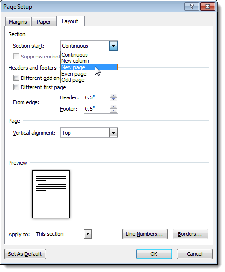 Change the type of section break in Word 2007 and 2010