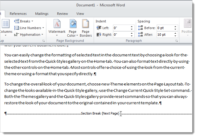 Change the type of section break in Word 2007 and 2010