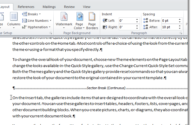 Change the type of section break in Word 2007 and 2010