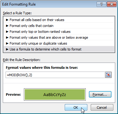 Coloring alternating rows in Excel