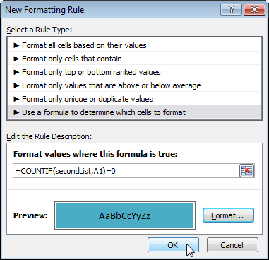 Comparing two lists in Excel using conditional formatting