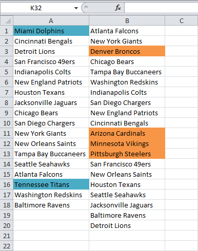 Comparing two lists in Excel using conditional formatting