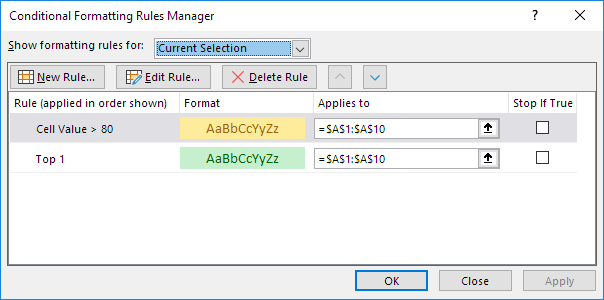 Conflicting conditional formatting rules in Excel