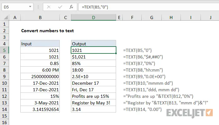 Convert numbers to text in Excel