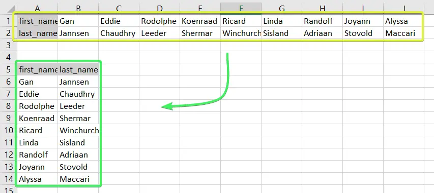 Convert rows to columns and back in Microsoft Excel