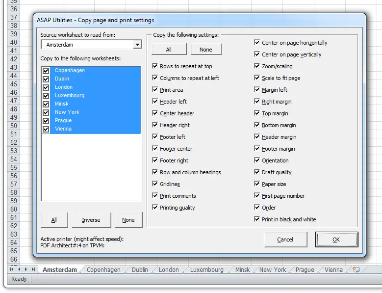 Copying print settings from sheet to sheet