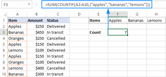COUNTIF اور COUNTIF فنکشنز کا استعمال کرتے ہوئے Excel میں سیلز شمار کریں۔