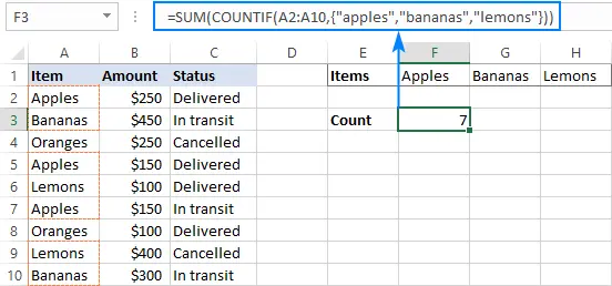 Count cells in Excel using COUNTIF and COUNTIF functions