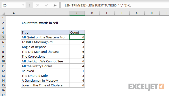 Count the number of words in an Excel cell