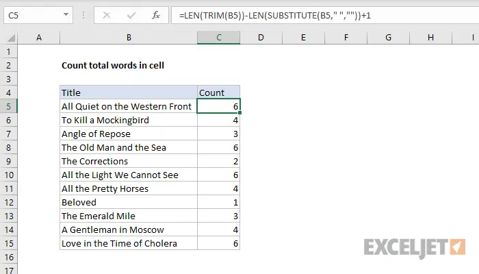 Count the number of words in an Excel cell