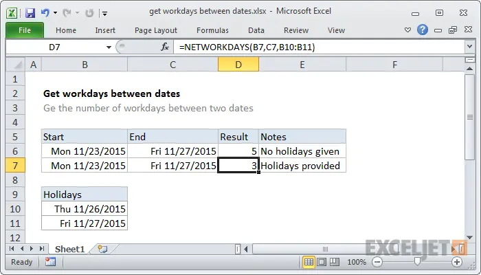 Count weekdays and working days in Excel