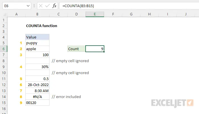 COUNTA function in Excel