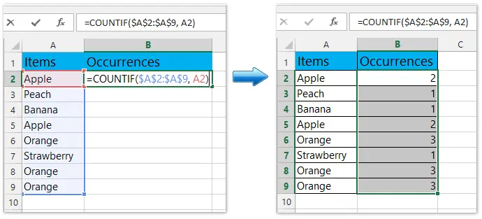 Counting the number of values ​​in a column in Excel