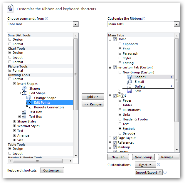 Creating a Custom Tab on the Menu Ribbon in Office 2010