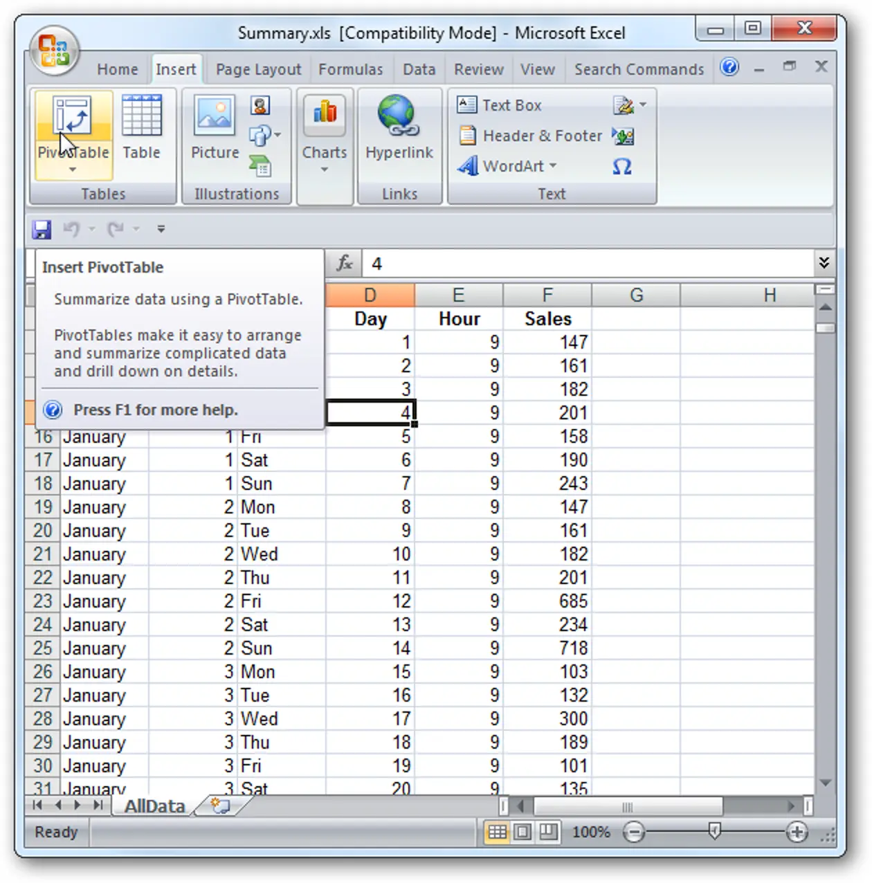 Creating a PivotTable in Excel