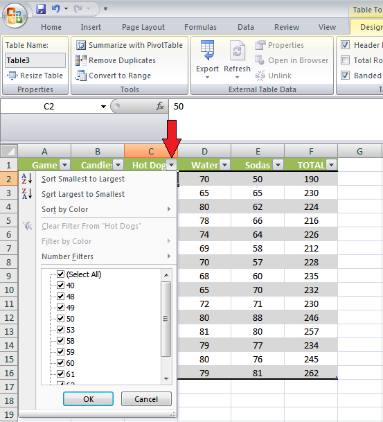 Creating and using tables in Microsoft Excel