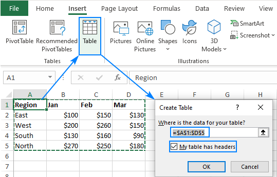 Creating and using tables in Microsoft Excel