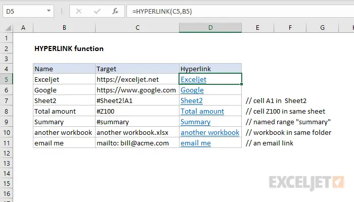 Creating internal and external links with the HYPERLINK function