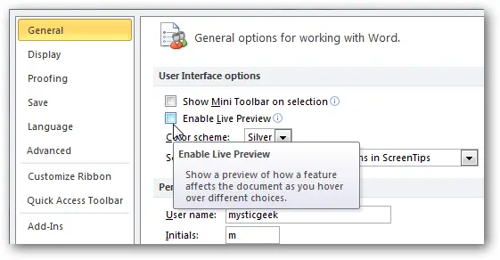 Disable Mini Toolbar and Preview in Word