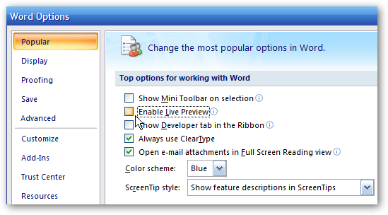 Disable Mini Toolbar and Preview in Word