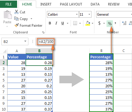 Показване на проценти в Excel