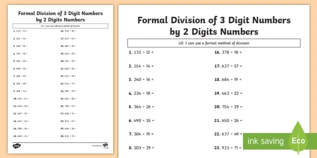 Division of two-digit, three-digit and multi-digit numbers by a column