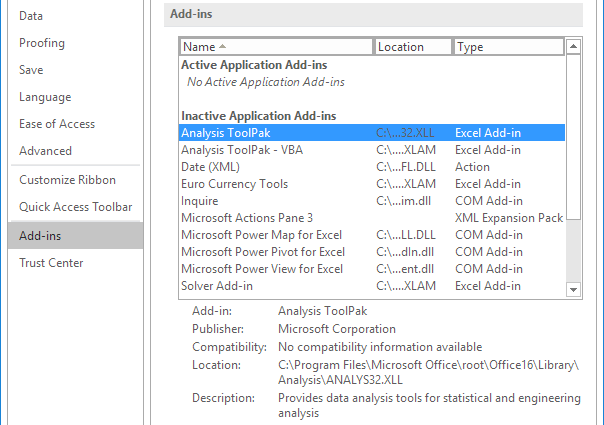 Enable the Data Analysis add-in in Excel