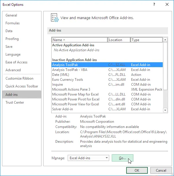 Enable the Data Analysis add-in in Excel