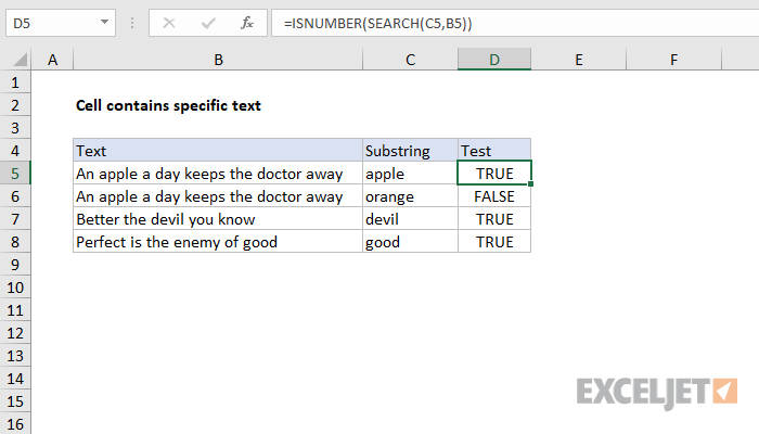 Excel search for text in a cell