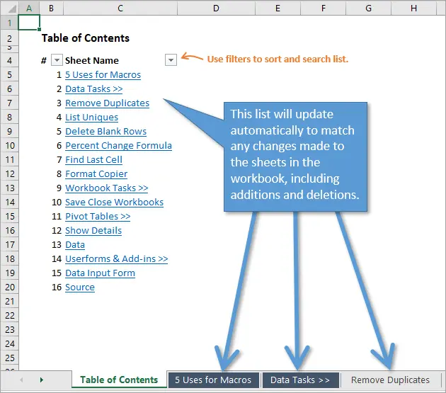 Excel workbook table of contents