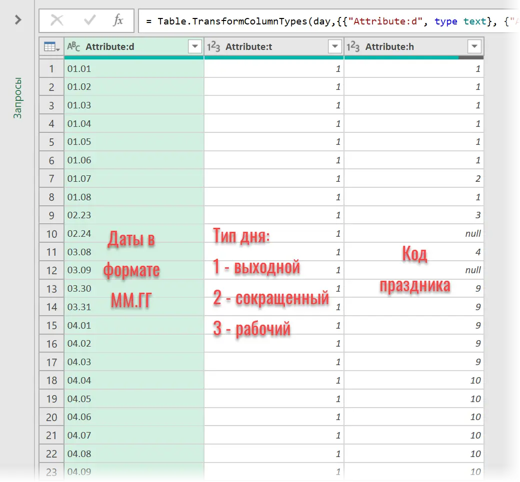 Factory calendar in Excel