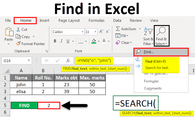 Features of the Find tool in Excel