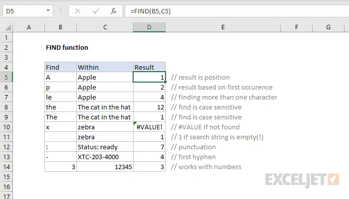 FIND and SEARCH functions in Excel