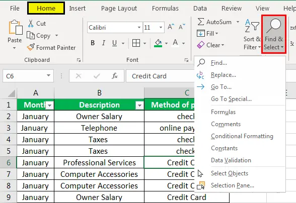 Find and Select in Excel