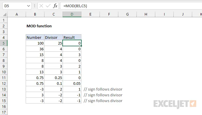 Finding the modulus of a number in Excel